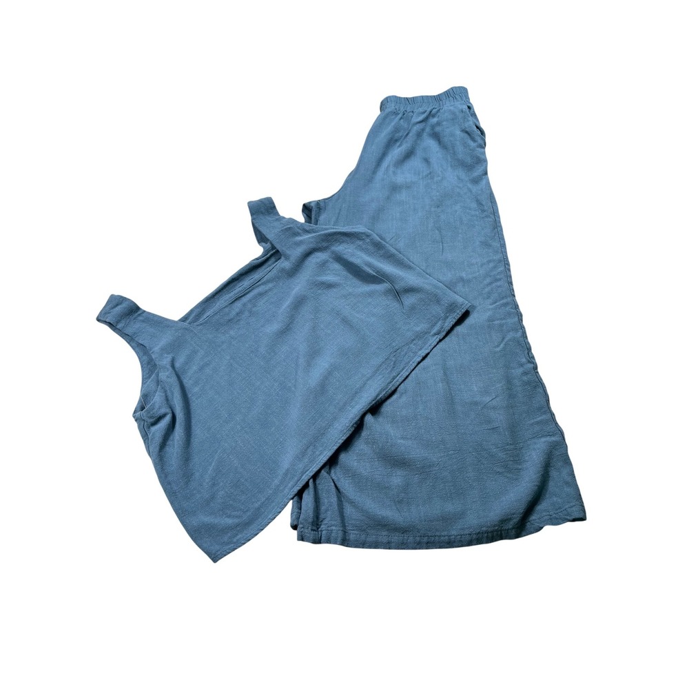 Blue Linen Blend Lounge Set Wide Leg Pants Sleeveless Top Relaxed Coastal